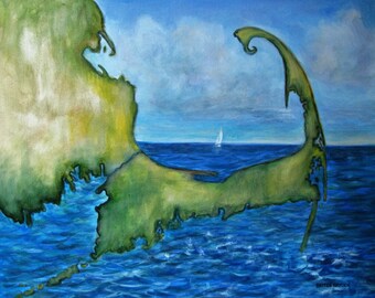 Map Painting of Cape Cod SailboatLandscape signed Acrylic 16"x20"