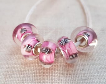 Pink Lampwork Beads x 5. Glass Beads. European Bracelet Style. UK Seller