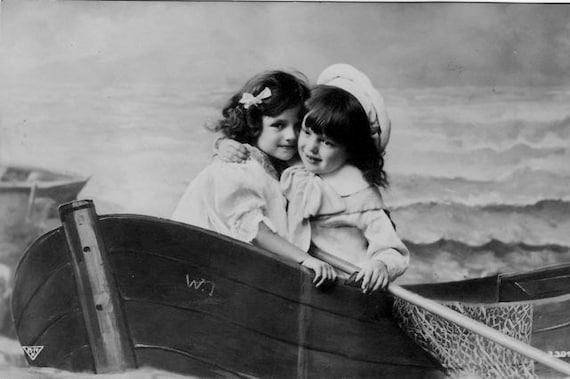 Two Girls Sisters Best Friends in a Boat Rowboat Vintage Two Girls Sisters Best Friends in a Boat Rowboat Vintage