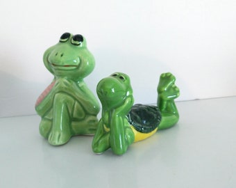 Cute Green Frog Ceramic Figurines Lot Berco / Lefton? Vibrant Spring Decor