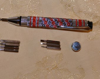 1 x Hand Decorated Beaded Multi tool Pen or Keyring: Assorted Designs; Customisable Gift Present Christmas Birthday in a Variety of Colours