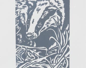 Limited edition hand printed Linocut of a Badger