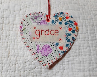 Wordz From the Heart Snippet Ornament - GRACE - Stitched From Recycled Vintage Quilt Piece