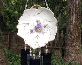 Vintage Leaf Shaped Dish with Violets Repurposed and Upcycled into a Windchime with Purple Stained Glass Chimes