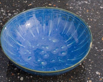 Soup or salad bowl, Ocean Blue Green Drip, Etched Stripes, Blue Green, Natural Patina High Fire Stoneware, Hand Painted, Ready To Ship