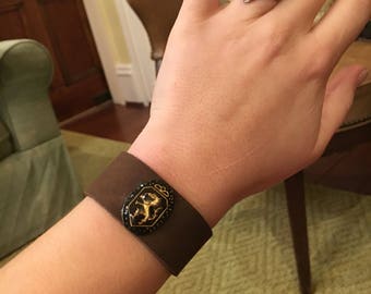 Brown Leather Snap Cuff with Antique Pendant