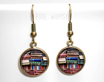 BOOK Earrings, Book Dangle Drop Earrings Vintage Antique Books Glass Photo Art Literary Jewelry Bookshelf Library Librarian Bibliophile Gift
