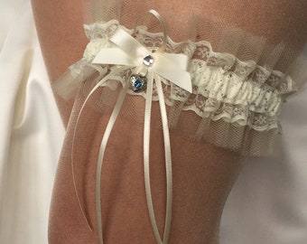 Tulle Wedding garter boxed, Ivory with 'something blue'
