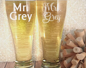 Mr. and Mrs. Engraved Pilsner Set - His and Hers Wedding Gift - Engagement Gift - Personalized Wedding Gift - Wedding Glass Set