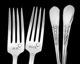 Stamped Fork Mr Mrs Fork Something Old Wedding Silverware Engagement Gifts Under 30, Vintage Floral Fruit Dinner Forks Engraved Flatware