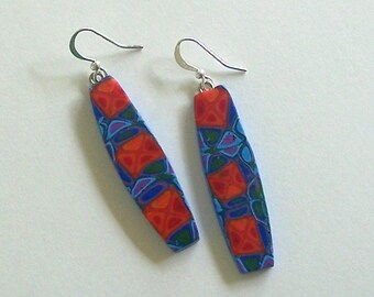 Red and Blue Oblong Lightweight Polymer Clay Earrings by Carol Wilson of Je t'adorn
