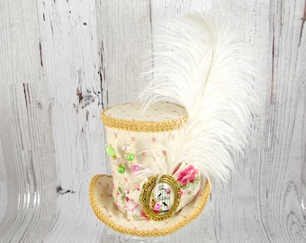 Cream, Gold, and Pink Birdcage Medallion and Plume Large Mini Top Hat Fascinator, Alice in Wonderland, Mad Hatter Tea Party, Derby Hat