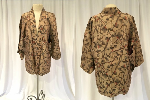 Golden Ecru Ikat Silk Japanese Haori Jacket 1930 40's
