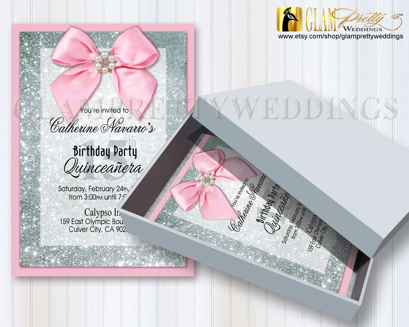 10 Boxed Glitter Quinceanera Invitations with Clear Vellum