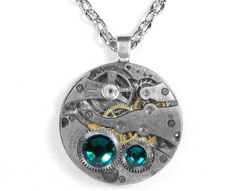 Steampunk Jewelry Necklace Vintage Watch Movement Steam Punk EMERALD Crystals Wedding Anniversary GORGEOUS - Jewelry by Steampunk Boutique