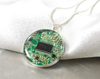 Circuit Board Necklace Green, Recycled Computer Circuit Board Jewelry, Geeky Necklace, Wearable Technology, Engineer Gift for Her, Geekery