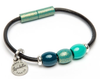 SALE | Color of the Month | Leather Magnetic Landella Teal Turquoise 3 Bead Bracelet