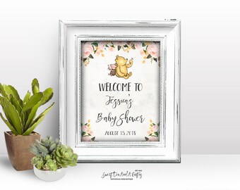 Vintage Floral Winnie the Pooh Baby Shower Welcome Sign - Printable Digital File - Pink and Yellow Floral - Pig and Bear