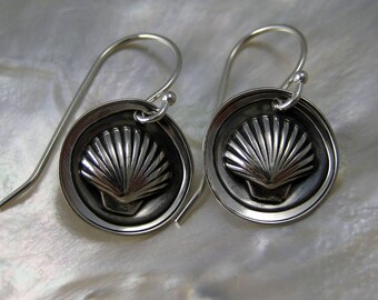 Sterling Silver Seashell Earrings, Scallop Shell Earrings, Small Round Drops, Small Silver Dangles, Pilgrim's Symbol, Camino de Santiago