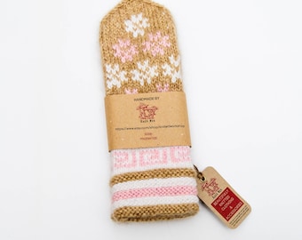 Warm, cozy & colorful hand knitted beige wool mittens gift for her