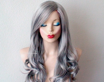 Gray wig. Lace front wig. Titanium / light gray Long curly hairstyle wig. Durable Heat friendly synthetic wig for daily use or Cosplay.