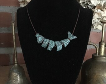 17" Tamba Brown Leather Necklace with Greek 'Worry Fish' Pendant - Teal Green Patina