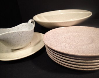 Earth Tone Speckle Ware Melmac Melamine, Holiday by Kenro, saucer and divided serving bowl, Texas Ware San Jacinto saucers, Unmarked creamer