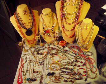Vintage Lot Brown Amber Orange AB Glass Costume Jewelry Necklaces Earrings Bracelets Pin 63 Pcs 9449
