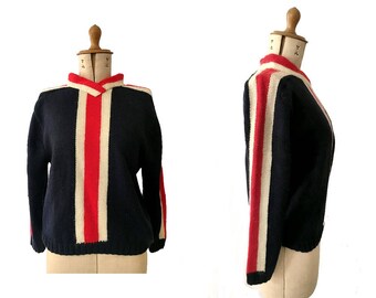 1970s ski wool Sweater handknit navy red white/ vintage sweater/ 70s ski sweater