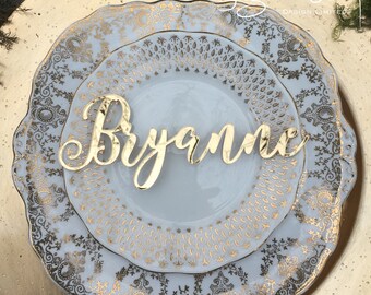 Gold place name, wedding place name, laser cut place name, mirror gold place setting, wedding guest name, place setting, gold wedding,mirror