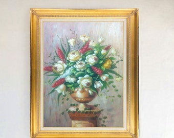 A Bouquet of White Roses with White and Red Lilacs Original Oil Painting 24" X 36" Floral Still Life Stretched only or brown or gold frame