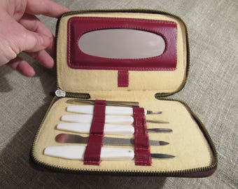 Vintage Manicure Set In Burgundy non Leather Case with mirror Travel manicure set of 6 item with mirror dark red non leather RETRO case USSR