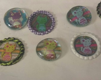 10 neon kitty cat themed bottle cap & glass gem magnets cupcake toppers gift