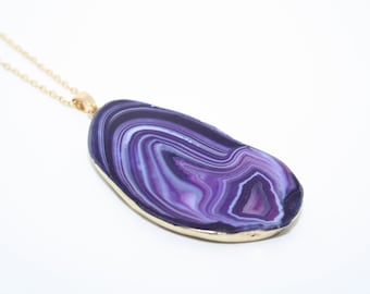 Purple Agate Necklace, Purple Agate Slice Necklace, Purple Geode Necklace, Purple Necklace, Semi Precious Gemstone Necklace
