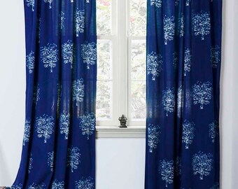 Window curtains SAMPLE SALE SINGLE 44"x84" Indigo blue curtains bedroom living - hand block printed - Cotton - Home and Living - Tree