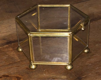 Vintage Brass and Glass Box- Hexagon Shaped Box