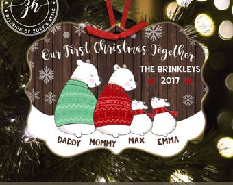 First Christmas together four snow bear personalized metal ornament - family keepsake ornament MBO-005