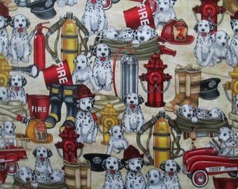 Retro Firemen Dogs Helmets Boots Tanks More Cream Cotton Fabric Fat Quarter or Custom Listing