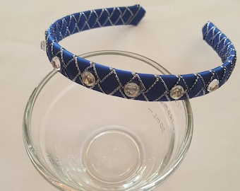 Royal blue with silver edging satin ribbon woven headband hair band girl headband holiday headband school headband
