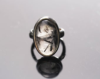 Oval Tourmalated Quartz Ring, Size 5, Black Tourmaline Ring, Black Rutile Rutilated Quartz, Black Schorl