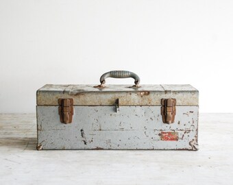 tool box, toolbox, metal tool box, industrial tool box, beautiful bluish-silver with blue interior and blue handle, Union Made, vintage