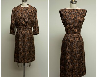 Vintage 1950s Dress • Autumn Floral • Brown Black Floral 50s Dress Set Size Small