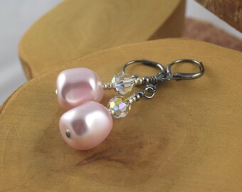 Rosaline Pink Go For Baroque Swarovski pearl and crystal gunmetal leverback earrings