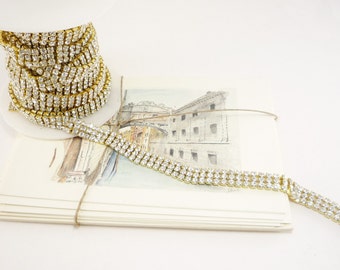 3 Row Gold Rhinestone Trim, Wedding Trim, Rhinestone Applique, Gold Crystal Trim, Bridal Trim, Bouquet Trim, 10mm ( 1 Feet Qty)