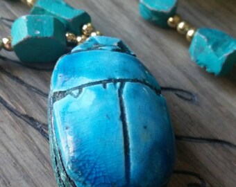 Large Turquoise Clay Scarab Pendant Necklace with Gold Tone Bead Accents 30 inches