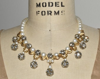 Pearl Rhinestonee Necklace Vintage Upcycled Crystal Glam