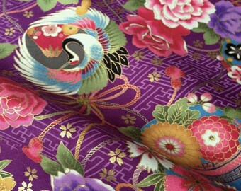Japanese fabric, crane, vioet background, cotton 110 x 50 (230A)