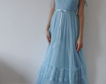 Vintage 70s Blue Dress / Pronuptia Paris Designer Dress / 1970s Blue Maxi Dress / 70s Boho Lace Dress / Bridesmaids Dress /Long Vintage Gown