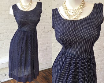 Navy Blue Polka Dot Vintage Dress with White Piping