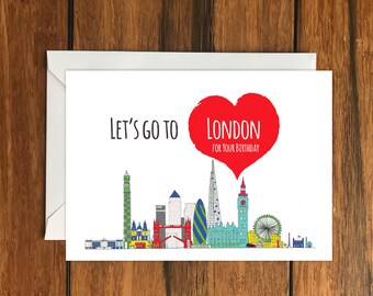 Let's Go To London for your Birthday Blank greeting card, Holiday Card, Gift Idea A6